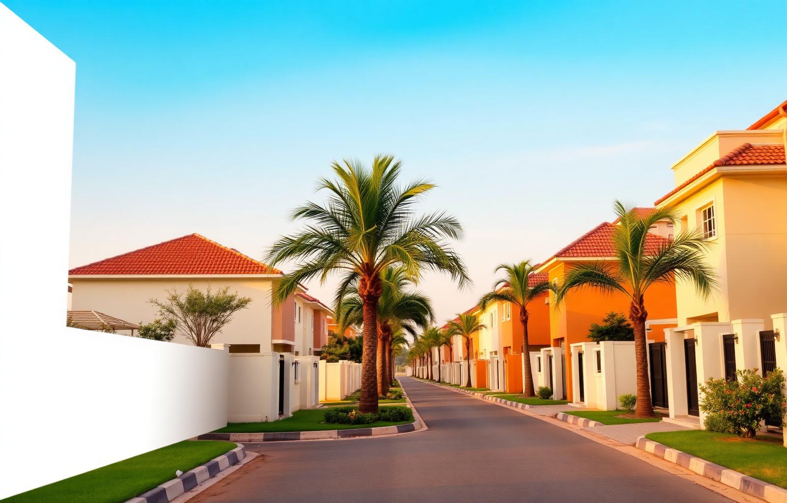 Modern residential street in West Africa at golden hour
